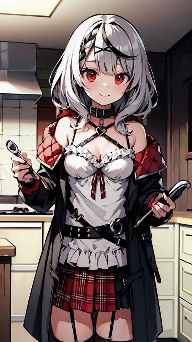 ((masterpiece, Highest quality, High resolution)), Depth of written boundary, 
break, One girl, standing behind the kitchen, ((cooking)), smile, 
break, (indoor, kitchen),    
break, (It should be Chloe, Garter Straps, Fingerless gloves, Torn knee socks, Grey Hair, Multicolored Hair, Checked skirt, chestの谷間, X Hair Ornament, Red Skirt, Black collar, White camisole, chest, Braiding, Black belt, Medium Hair, Black jacket, Wearing a hood, Plaid ribbon), ((Red eyes)), ((Beautiful attention to detail))