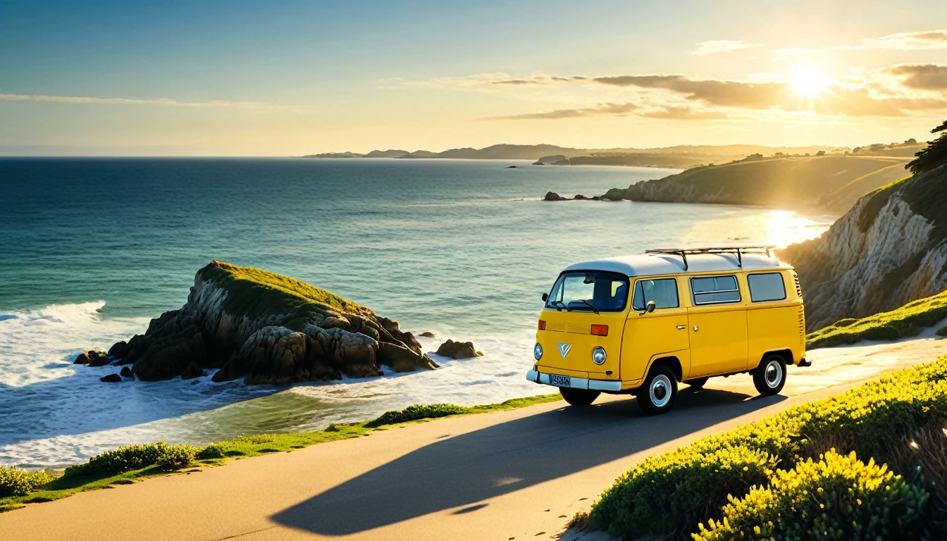 A beautiful seascape image,Beautiful coastline,live action style,With romantic aesthetics,Beautiful light and shadow of afternoon sun,Natural Elements,and a yellow van.