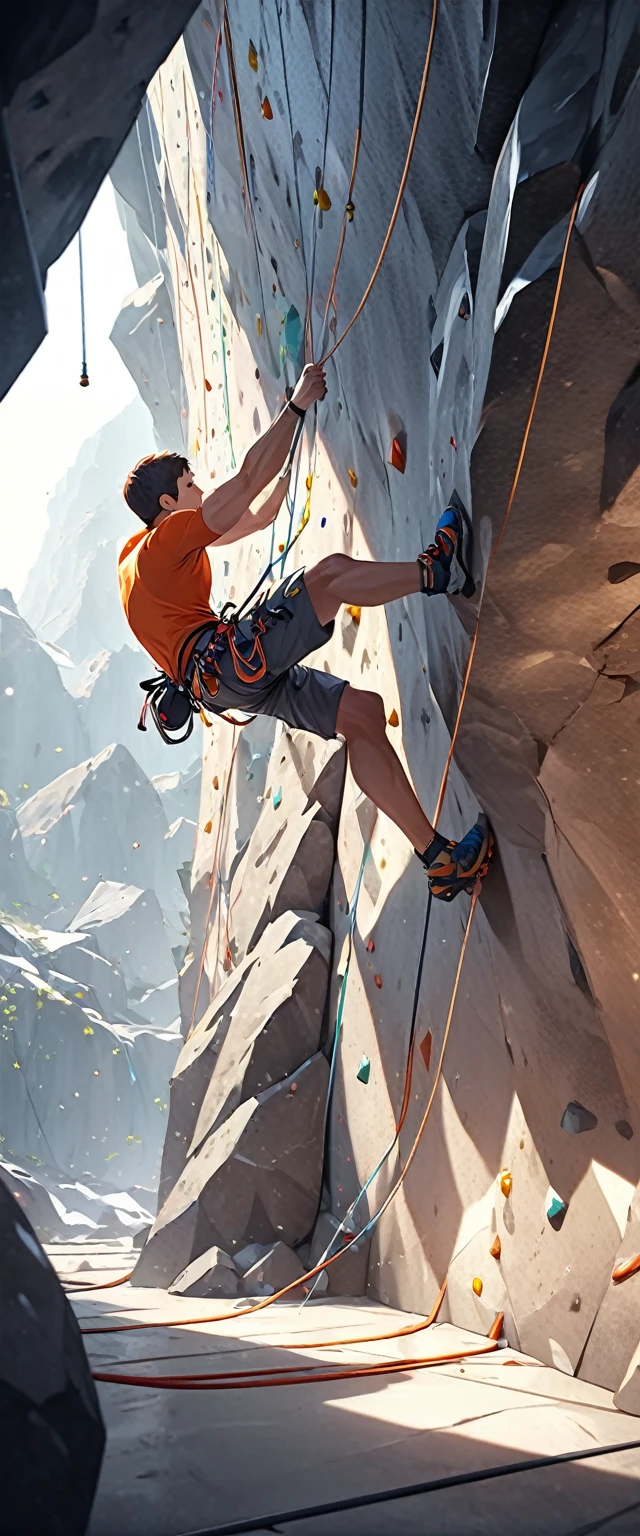 Rock climber climbing indoors.Beautiful and extremely fine texture,detailed, bright, Animation style high definition and high quality presentation