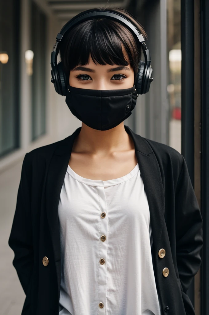 alone,1 girl, short hair covering her face a little, a calm smile, of black clothes and with some music player buttons