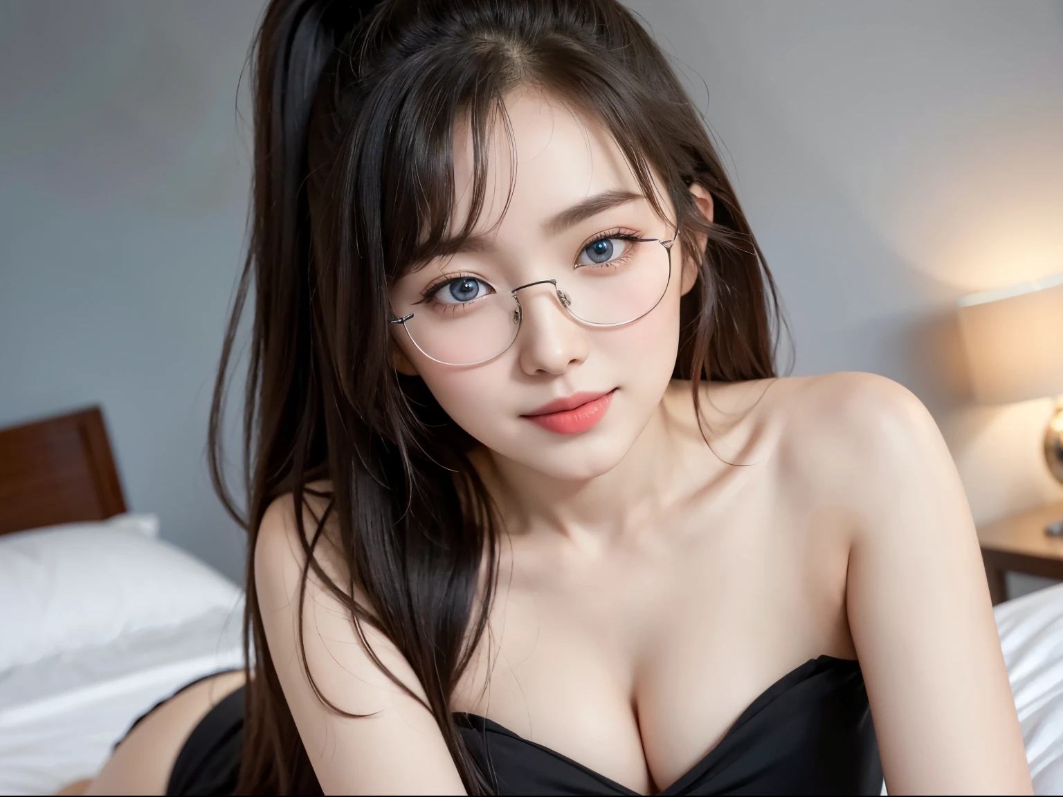 (Best quality, masterpiece, detailed), (RAW, 4k, hd images), 1 girl, , white skin, long hair, ponytail, layers hair, bangs, black hair, beautiful girl, cute girl, sweet girl, pretty girl, perfect girl, perfect body, pretty eyes, blue eyes, thin lips, (eye line, lip soft), perfect round breast, glasses, wayfare, simple background, smile, waist, hips, dress, half body, high angle camera, cleavage, lying on bed