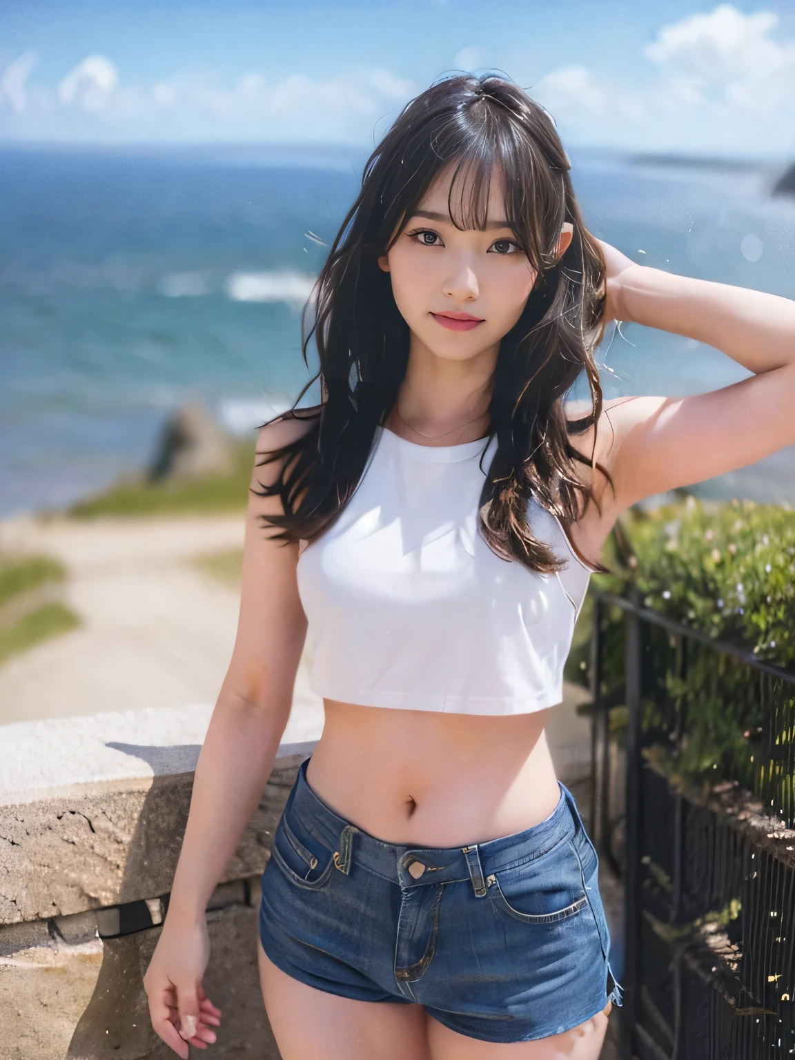 {there is a young girl standing by a cliff overlooking the ocean. she is beautiful, and attractive. she is wearing a white singlet, and denim shorts. the singlet is short, and you can see her stomach. the denim shorts are low on the waste, and short. she has beautiful long brown hair, and beautiful hazel eyes. there is railings near the cliff edge. there is a full view of the ocean from the cliff. there some bushes also nearby the girl, and the is a couple of clouds near the sun in the far background. there is also some seagulls nearby her flying, and her hair is flowing in the wind}, 1girl, 25 years old woman, 1girl, 25 years old woman, medium breasts, cute face, beautiful face, (perfectly detailed face), ((looking at viewer)), Hands behind the body, hands behind head, Simple Background, whole body, The whole body is visible, photorealistic, (bokeh), UHD, anatomically correct, highres