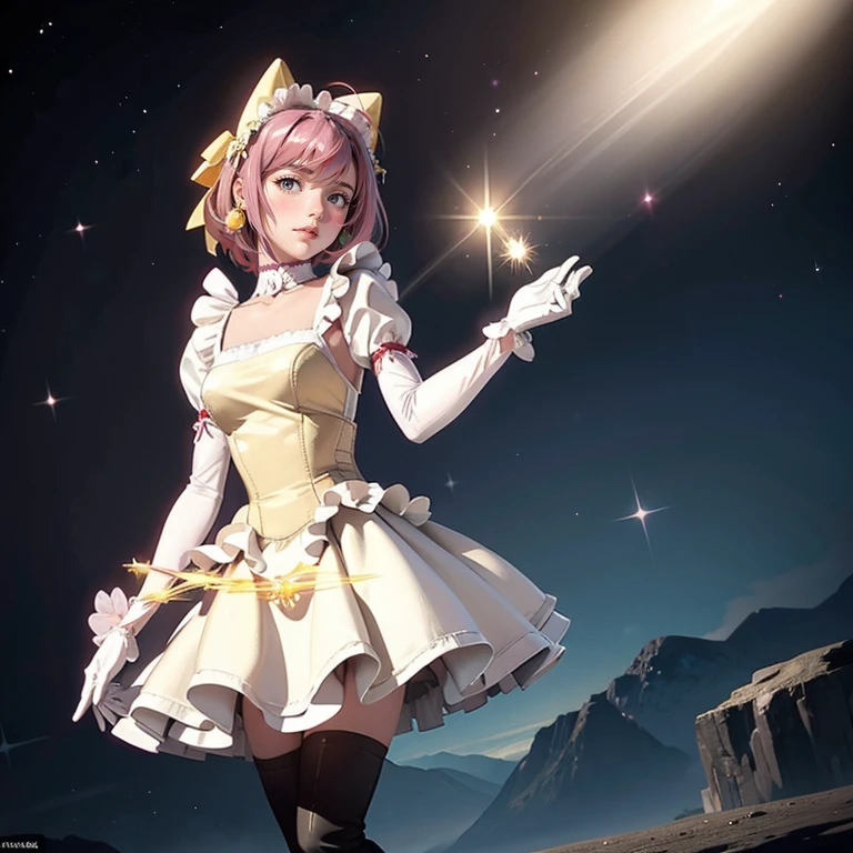 1girl, white maid dress, jewelry, pink hair, flowing hair, short hair, maid dress with a short skirt and layers, white laces, white boots, white dress with transparency, gold details on her clothes, ribbon,  more details, perfectly body, perfectly hands, two hands, two legs, two arms, five fingers, glowing hair, best quality, idol, holding a microphone, tail ornament, tail bow, white gloves, two cat tail, white gloves, alone, maid headdress, choker, detached sleeves, maid dress, maid white dress, masterpiece, best quality, detailed face, night, asymmetrical gloves, bangs, white short skirt , white gloves, white boots, earrings, elbow gloves, fishnet thigh highs, fish masterpiece, solo, best quality, detailed face, gloves, hair between eyes, jewelry, long hair, looking at viewer, single earring, sky, solo, thigh boots, thigh highs, uneven gloves, idol, solo, alone, Looking at the viewer, More details on the clothes, magenta roses on her hair, space scenery, maid, maid dress, magenta details, magenta roses, maid headdress, maid apron, wave hair, long hair, seat on the Saturn rings, bats details on her clothes, more details on her clothes, gold details on her clothes, space, smiling, standing her hand to a viewer, looking at the viewer, in the background a several asteroids glowing with fiery auras, Dramatic lighting from distant stars and planets illuminates the scene, looking at the vast and mysterious universe, cowboy shot, upper body portrait, more details, sparkle,