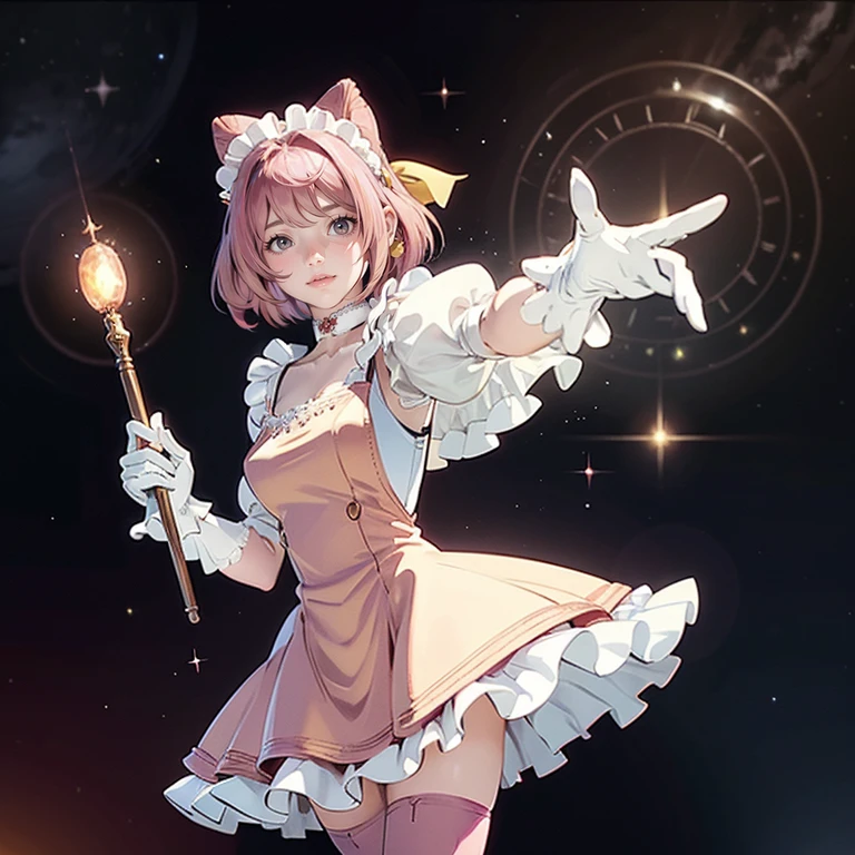 1girl, white maid dress, jewelry, pink hair, flowing hair, short hair, maid dress with a short skirt and layers, white laces, white boots, white dress with transparency, gold details on her clothes, ribbon,  more details, perfectly body, perfectly hands, two hands, two legs, two arms, five fingers, glowing hair, best quality, idol, holding a microphone, tail ornament, tail bow, white gloves, two cat tail, white gloves, alone, maid headdress, choker, detached sleeves, maid dress, maid white dress, masterpiece, best quality, detailed face, night, asymmetrical gloves, bangs, white short skirt , white gloves, white boots, earrings, elbow gloves, fishnet thigh highs, fish masterpiece, solo, best quality, detailed face, gloves, hair between eyes, jewelry, long hair, looking at viewer, single earring, sky, solo, thigh boots, thigh highs, uneven gloves, idol, solo, alone, Looking at the viewer, More details on the clothes, magenta roses on her hair, space scenery, maid, maid dress, magenta details, magenta roses, maid headdress, maid apron, wave hair, long hair, seat on the Saturn rings, bats details on her clothes, more details on her clothes, gold details on her clothes, space, smiling, standing her hand to a viewer, looking at the viewer, in the background a several asteroids glowing with fiery auras, Dramatic lighting from distant stars and planets illuminates the scene, looking at the vast and mysterious universe, cowboy shot, upper body portrait, more details, sparkle,