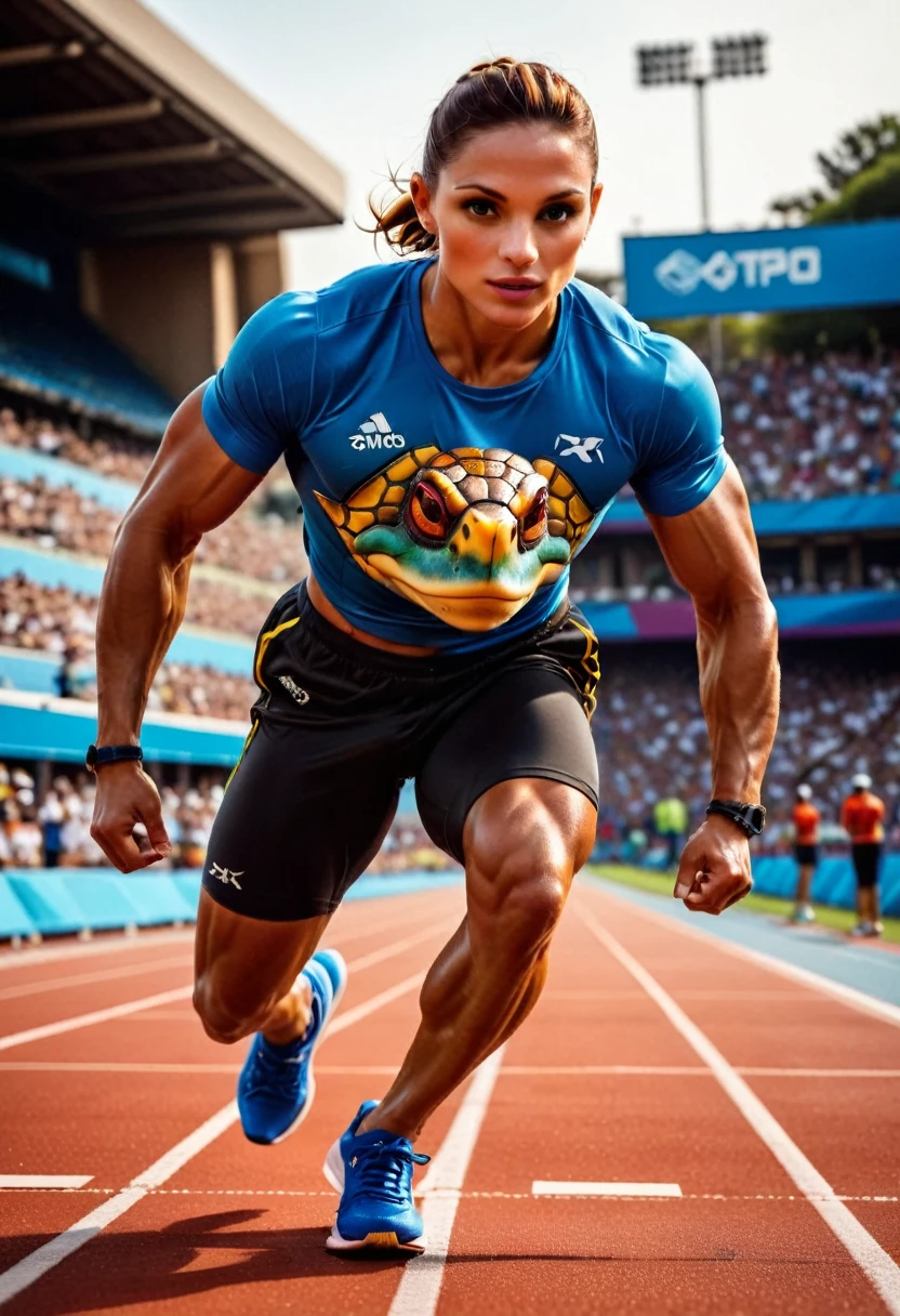 a close up shot on a ((anthmorph turtle: 1.5)) sprinter in a running lane getting ready to sprint in the Olympics, tense look, getting ready to sprint, (best detailed face: 1.3), lean muscled body, sweat beads on forehead, ((wearing athletic shirt, pants and sneakers: 1.2)), (anatomically correct: 1.4), (full body shot: 1.1) , vibrant, Ultra-high resolution, High Contrast, (masterpiece:1.5), highest quality, Best aesthetics), best details, best quality, highres, ultra wide angle, 16k, [ultra detailed], masterpiece, best quality, (extremely detailed), Cinematic Hollywood Film, Anthro... woman