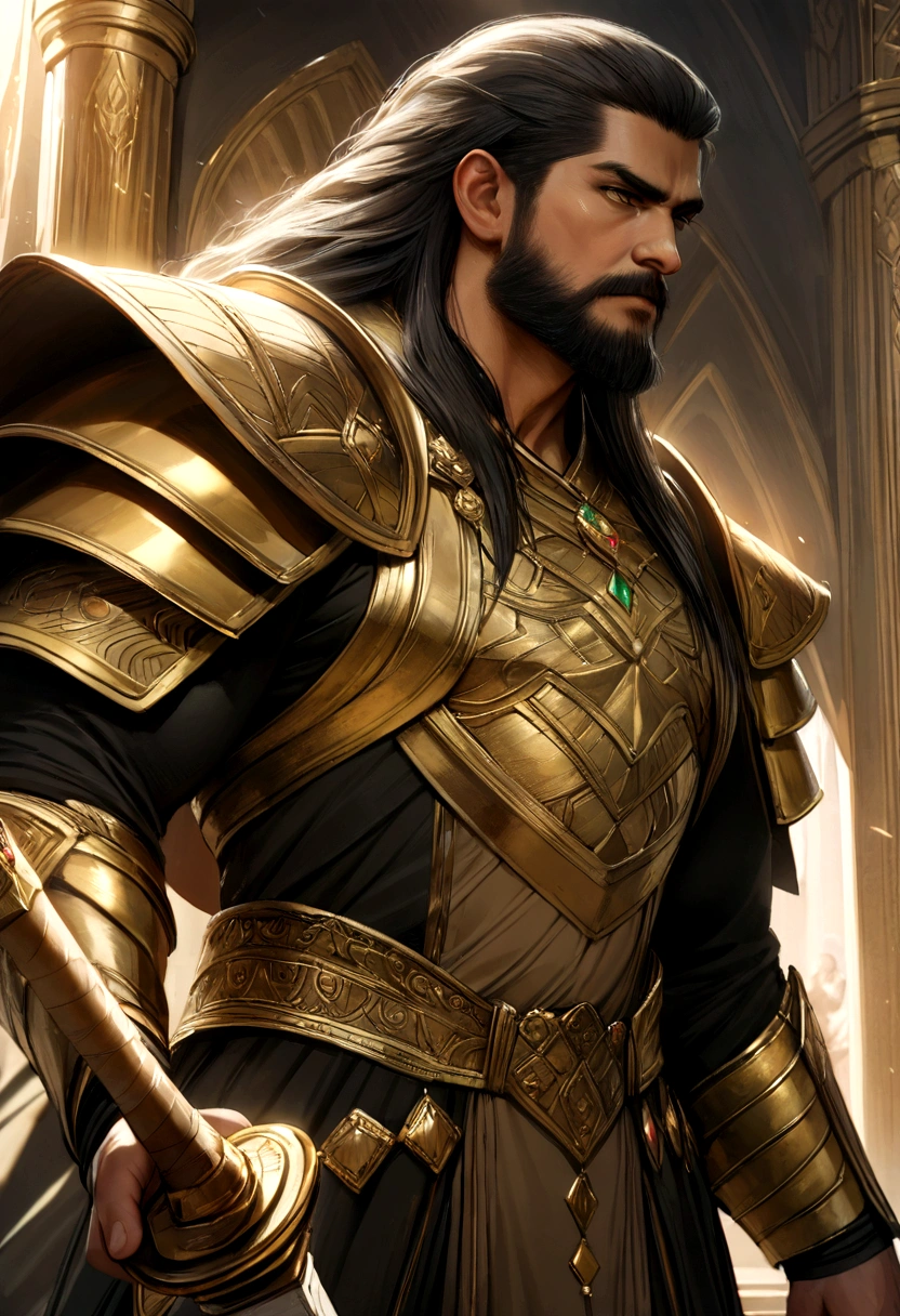 best quality,4k,8k,highres,masterpiece:1.2,ultra-detailed,realistic:1.37,fotografia,man dressed in black and gold holding a sword,medium:FantasyDaimyo:1,Lora:djzFantasyDaimyoV21:0.8,beautiful detailed eyes,strong muscular build,dark hair,long beard,elegant armor,golden embellishments,ornate hilt of the sword,dramatic lighting,strong and confident expression,detailed surroundings of a mythical kingdom,golden throne arab mosque in the background,
sparkling gemstones on the armor,elaborate engravings on the sword,reminiscent of feudal Japan,
lush green foliage,majestic mountains,warrior in a proud and commanding stance