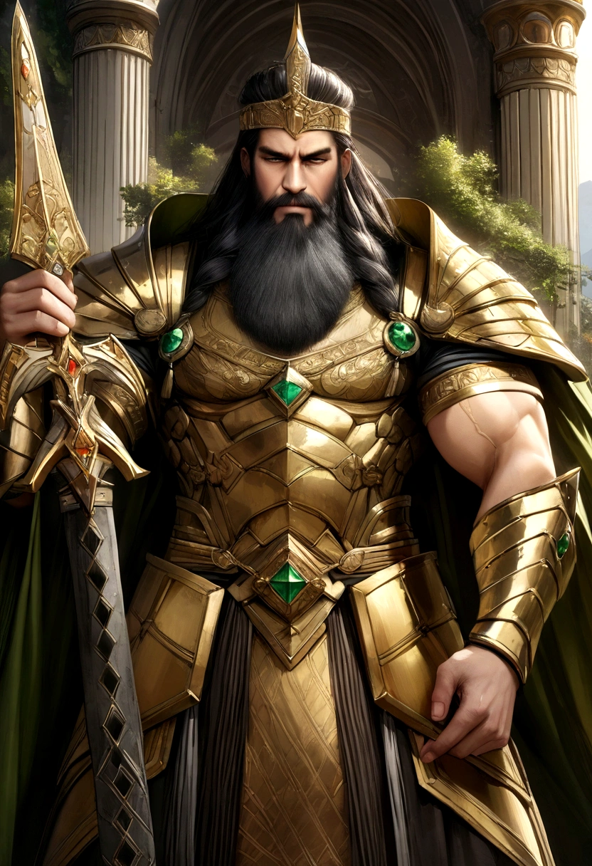 best quality,4k,8k,highres,masterpiece:1.2,ultra-detailed,realistic:1.37,fotografia,man dressed in black and gold holding a sword,medium:FantasyDaimyo:1,Lora:djzFantasyDaimyoV21:0.8,beautiful detailed eyes,strong muscular build,dark hair,long beard,elegant armor,golden embellishments,ornate hilt of the sword,dramatic lighting,strong and confident expression,detailed surroundings of a mythical kingdom,golden throne arab mosque in the background,
sparkling gemstones on the armor,elaborate engravings on the sword,reminiscent of feudal Japan,
lush green foliage,majestic mountains,warrior in a proud and commanding stance