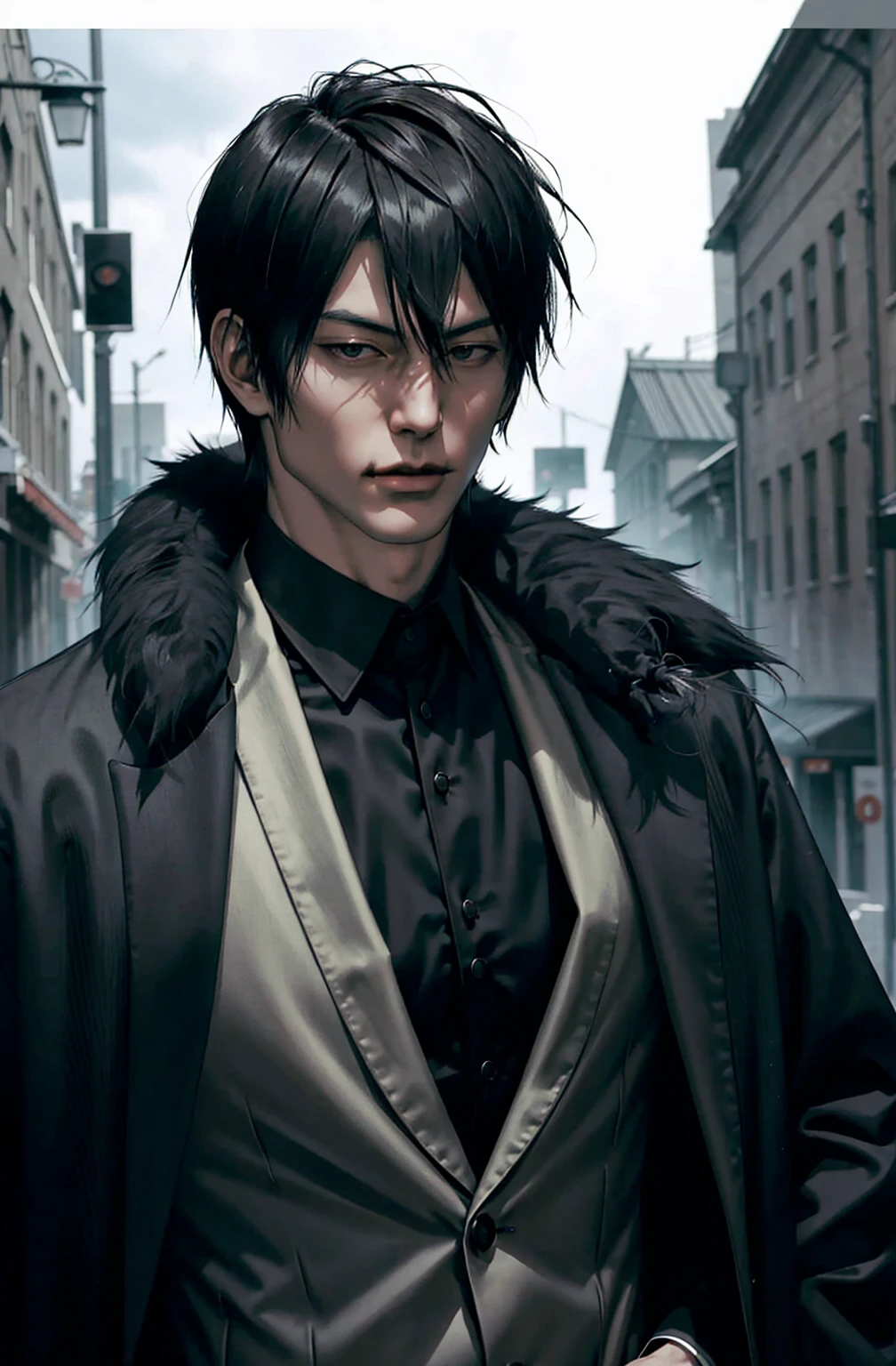 Vampire_gentleman, Alone, portrait,, (majestic, Awesome, exquisite:1.3),toji fushiguro,1 man, toji fushiguro in anime jujutsu kaisen, short hair , black fur, black eyes, elegant, black clothes, realist clothes, clothing detail, city background, ultra detail, realist