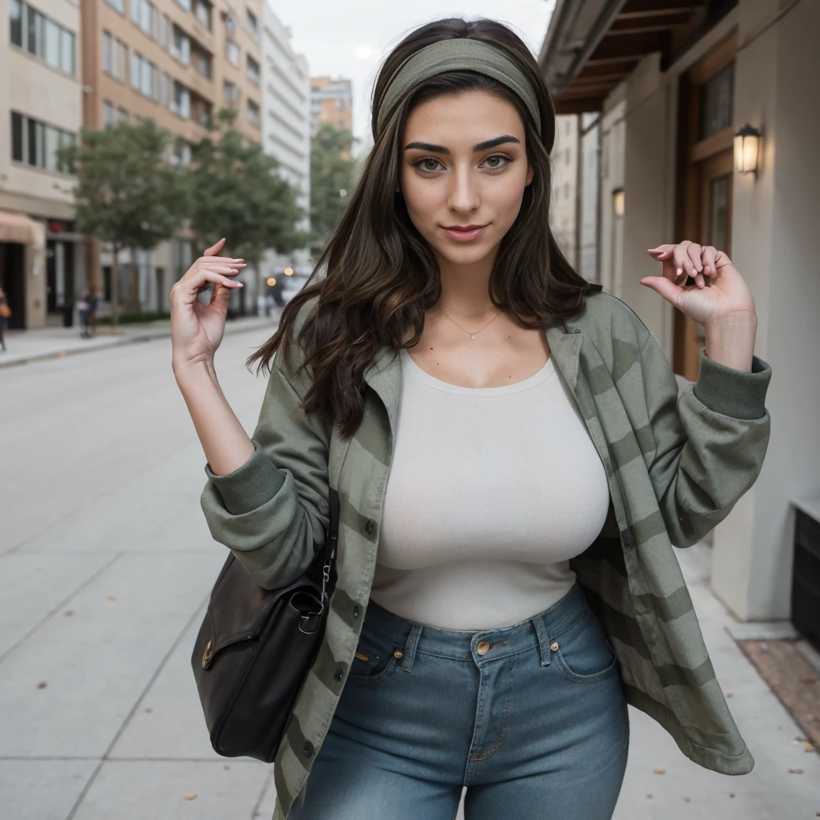 Extremely busty thin and toned brunette photographer, college girl, fair skin, loose side sweep, soft face, athletic, bandana babushka headwrap, tight olive green casual windbreaker, skinny jeans. standing in front of her apartment building, outdoors, city, camera bag, cleavage