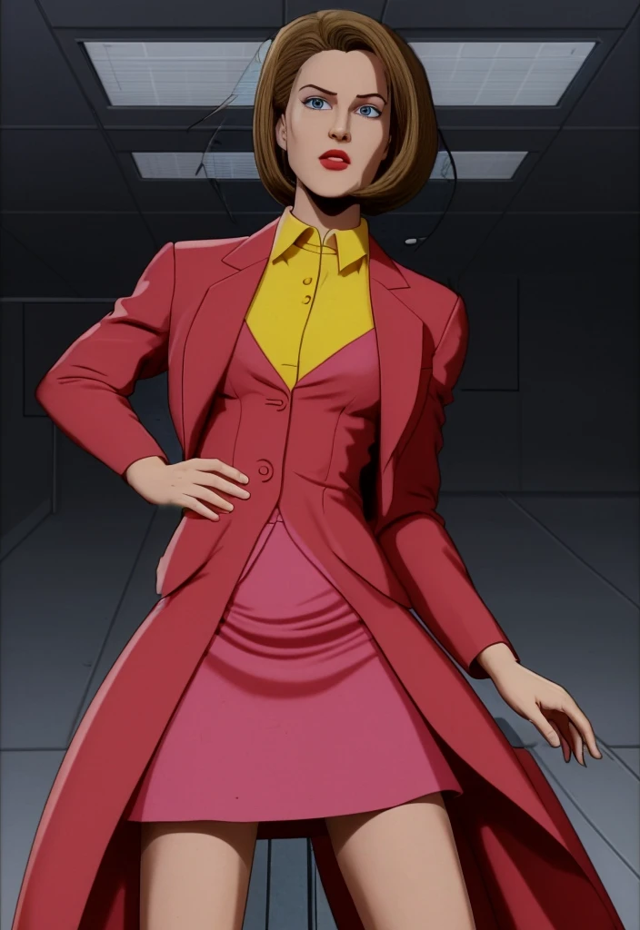 Make a anime dark skinned business woman in a red skirt suit 