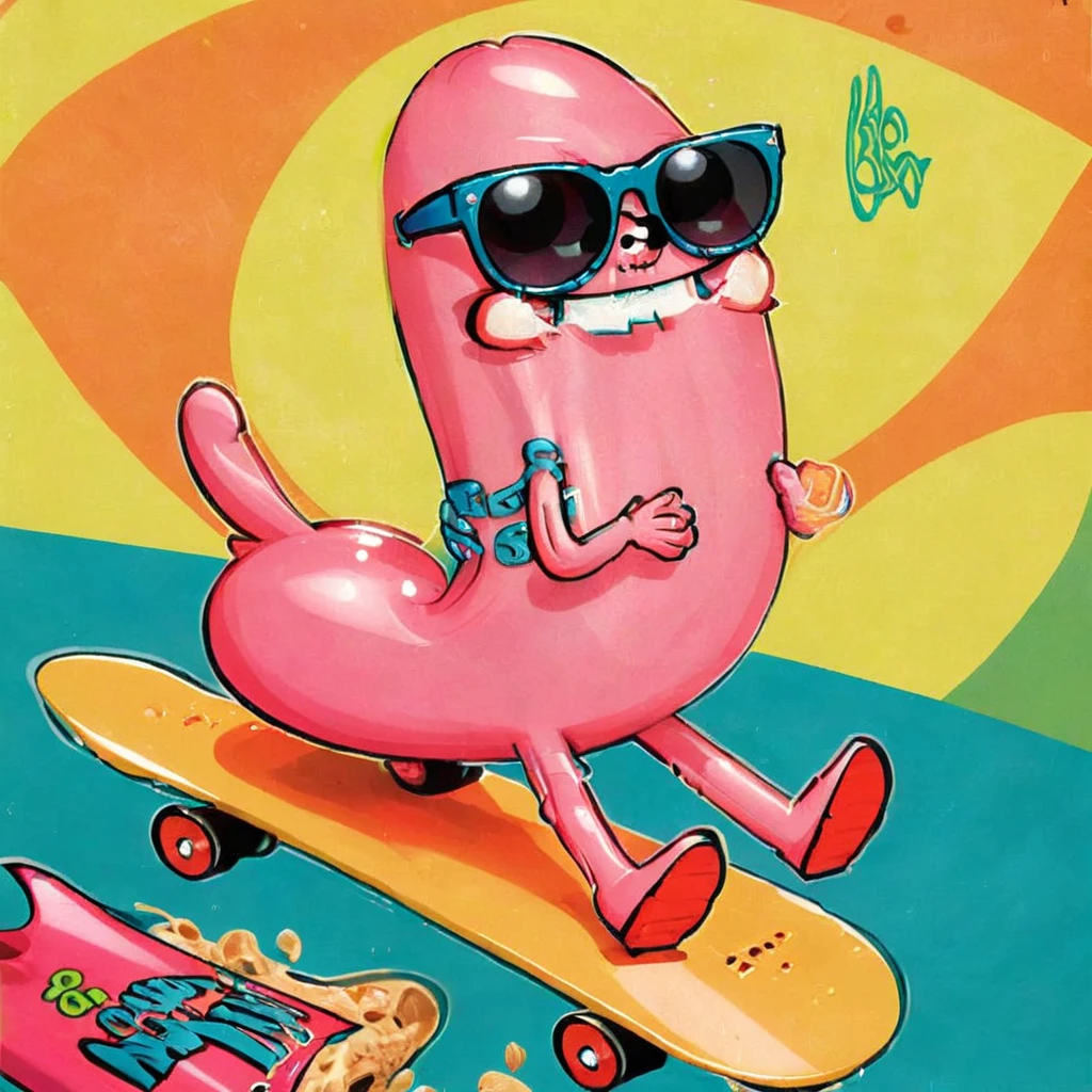 Dickbutt in sunglasses, be super cool and skateboard, as an 80's cartoon character, on a cereal box
