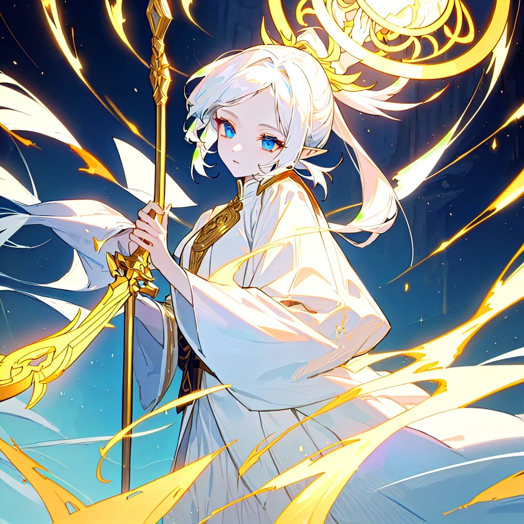 An elf mage with pale skin, white hair with parted bangs and two ponytails behind her head that go down her shoulder, wearing a white robe with golden details and a staff with a semi-circular ornament at the end.
