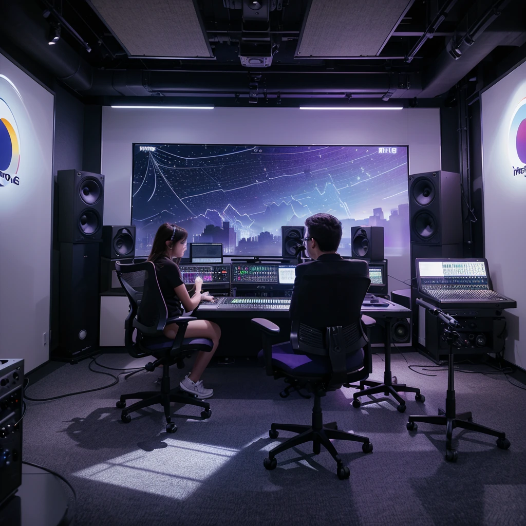 vibrant scene of an ultra-modern recording studio with glass walls, showing a panoramic view of a bustling city. In the center of the studio, a group of young pop artists are recording a track, surrounded by state-of-the-art equipment and a dedicated team. The lighting is soft, with shades of purple and blue, creating a creative and inspiring atmosphere. On the wall, a stylized label logo shines brightly, symbolizing innovation and success. The image caption reads: "Welcome to MO Records, where the stars of the future are born." photorealistic