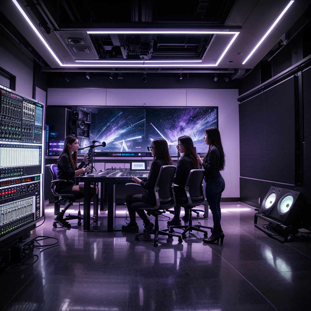 vibrant scene of an ultra-modern recording studio with glass walls, showing a panoramic view of a bustling city. In the center of the studio, a group of young pop artists are recording a track, surrounded by state-of-the-art equipment and a dedicated team. The lighting is soft, with shades of purple and blue, creating a creative and inspiring atmosphere. On the wall, a stylized label logo shines brightly, symbolizing innovation and success. The image caption reads: "Welcome to MO Records, where the stars of the future are born." photorealistic