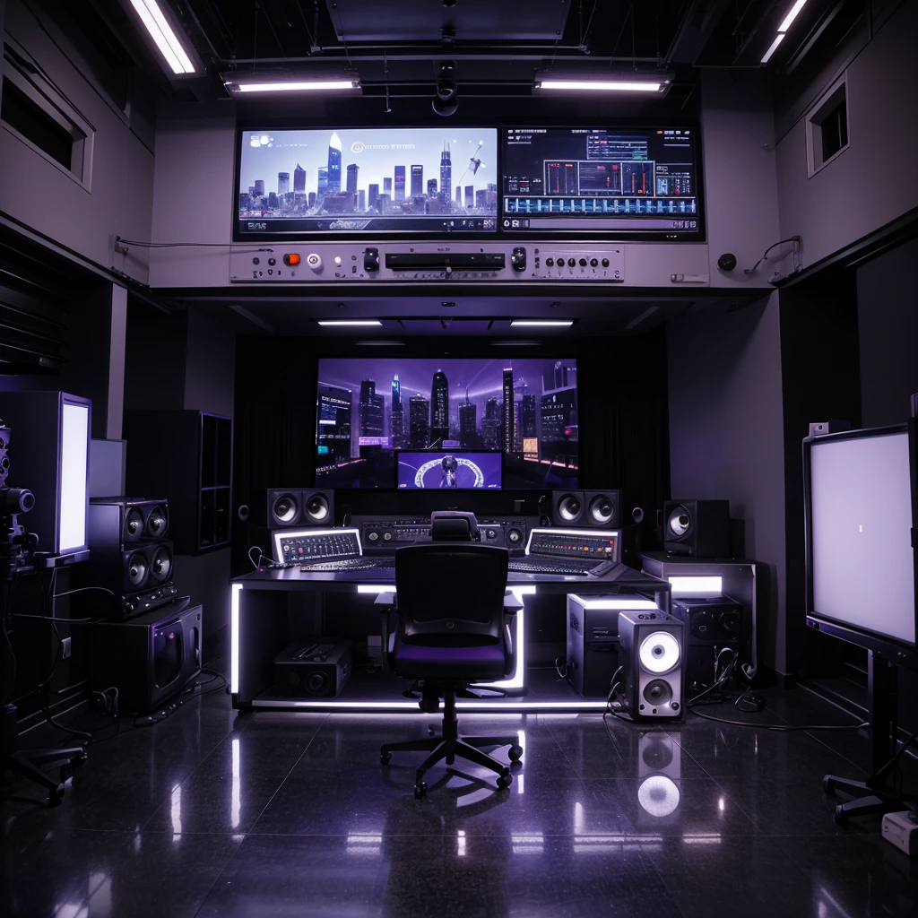 vibrant scene of an ultra-modern recording studio with glass walls, showing a panoramic view of a bustling city. In the center of the studio, a group of young pop artists are recording a track, surrounded by state-of-the-art equipment and a dedicated team. The lighting is soft, with shades of purple and blue, creating a creative and inspiring atmosphere. On the wall, a stylized label logo shines brightly, symbolizing innovation and success. The image caption reads: "Welcome to MO Records, where the stars of the future are born." photorealistic