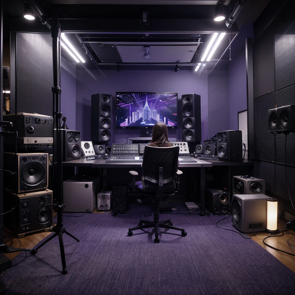 vibrant scene of an ultra-modern recording studio with glass walls, showing a panoramic view of a bustling city. In the center of the studio, a group of young pop artists are recording a track, surrounded by state-of-the-art equipment and a dedicated team. The lighting is soft, with shades of purple and blue, creating a creative and inspiring atmosphere. On the wall, a stylized label logo shines brightly, symbolizing innovation and success. The image caption reads: "Welcome to MO Records, where the stars of the future are born." photorealistic