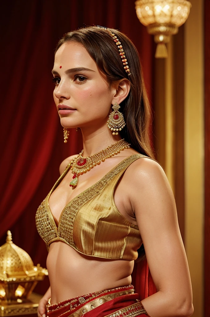 Generate an image of Natalie Portman wearing a traditional Indian saree. She is adorned with intricate jewelry, including earrings, bangles, and a bindi. The background should feature an elegant Indian palace or a festive setting, highlighting the cultural richness of India.
