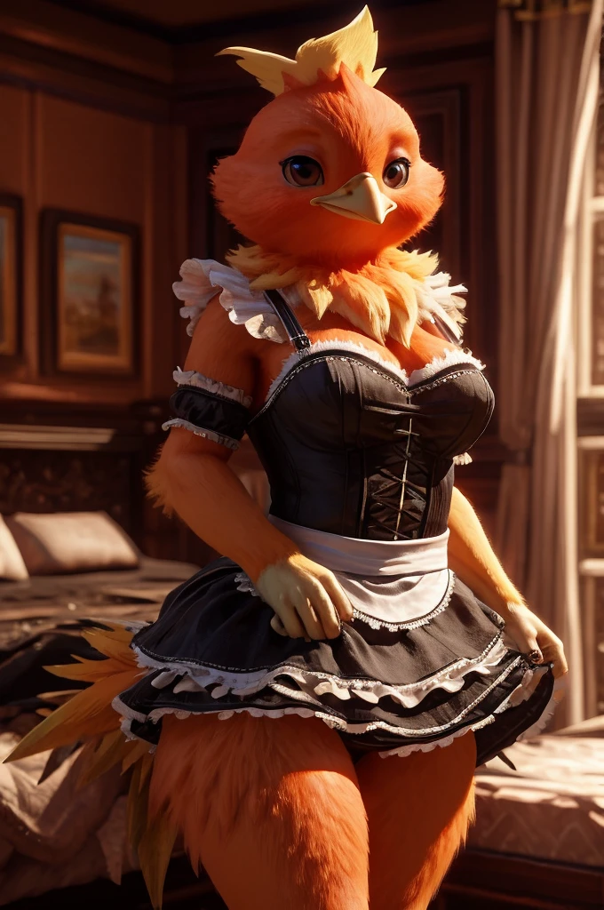 Female,Bird,Torchic background, (cinematic lighting:1.1), (perfect focus:1.1), 8k hd, (detailed eyes:1.2),depth of field, bokeh, subsurface scattering, perfect breasts, wide ,((Traditional maid clothing with short skirt showing sexy thighs  , posing sexy)),bright colors, (furry detail:1.3),detailed background, realistic, photorealistic, ultra realistic,in his room with a large bed and many decorations ,realistic, photorealistic ,blushing mischievous smile ,(fluffy:1.3), furry, buff, (realistic fur:1.1), (extreme fur detail:1.2),((light orange fur)),(Black pupil, brown eyes,pixar style eyes)Torchic Tail, 3d pixar legs,sexy body,posing semi undressing from the maid's garment. 