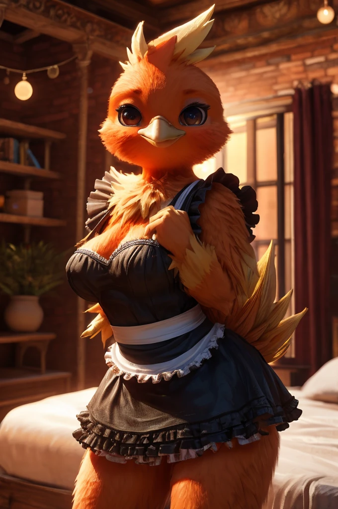 Female,Bird,Torchic background, (cinematic lighting:1.1), (perfect focus:1.1), 8k hd, (detailed eyes:1.2),depth of field, bokeh, subsurface scattering, perfect breasts, wide ,((Traditional maid clothing with short skirt showing sexy thighs  , posing sexy)),bright colors, (furry detail:1.3),detailed background, realistic, photorealistic, ultra realistic,in his room with a large bed and many decorations ,realistic, photorealistic ,blushing mischievous smile ,(fluffy:1.3), furry, buff, (realistic fur:1.1), (extreme fur detail:1.2),((light orange fur)),(Black pupil, brown eyes,pixar style eyes)Torchic Tail, 3d pixar legs,sexy body,posing semi undressing from the maid's garment. 