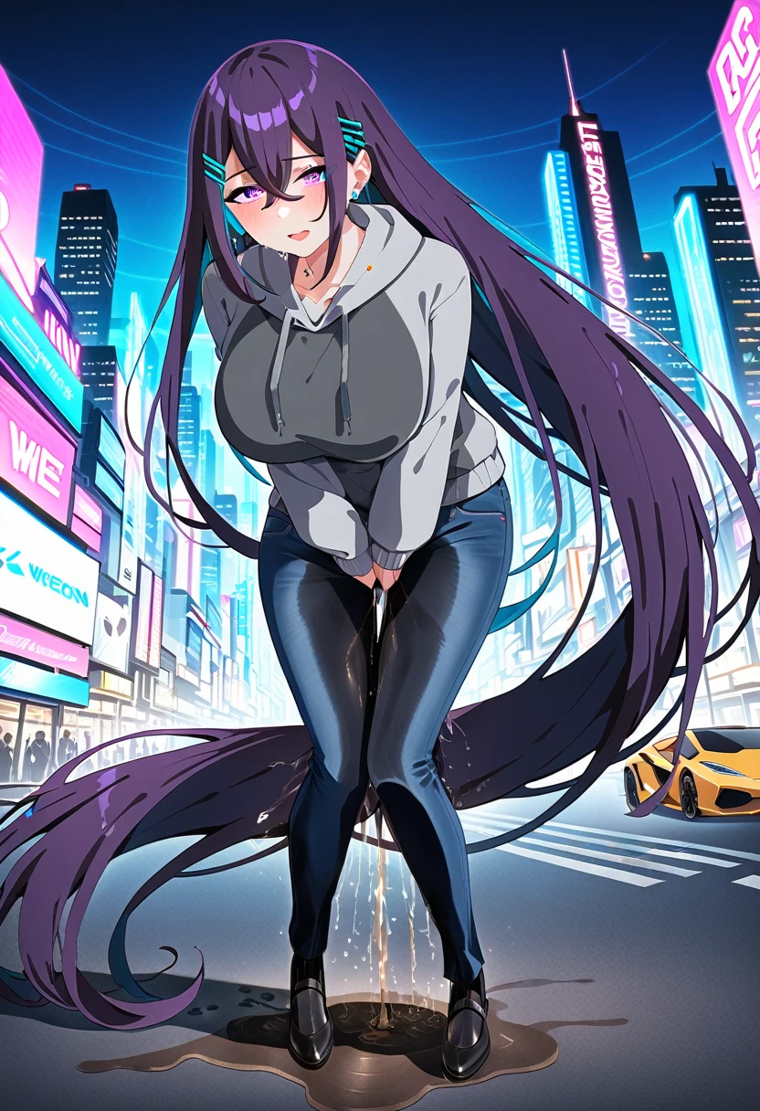 (masterpiece:1.37), best quality, (extremely detailed:1.37), woman, mature, adult, large breasts, (very long hair:1.5), dark purple hair, purple eyes, (extremely detailed eyes:1.37), hoodie, jeans, desperation, (wetting self:2.0), standing, city, futuristic, neon lighting, high-tech, full body