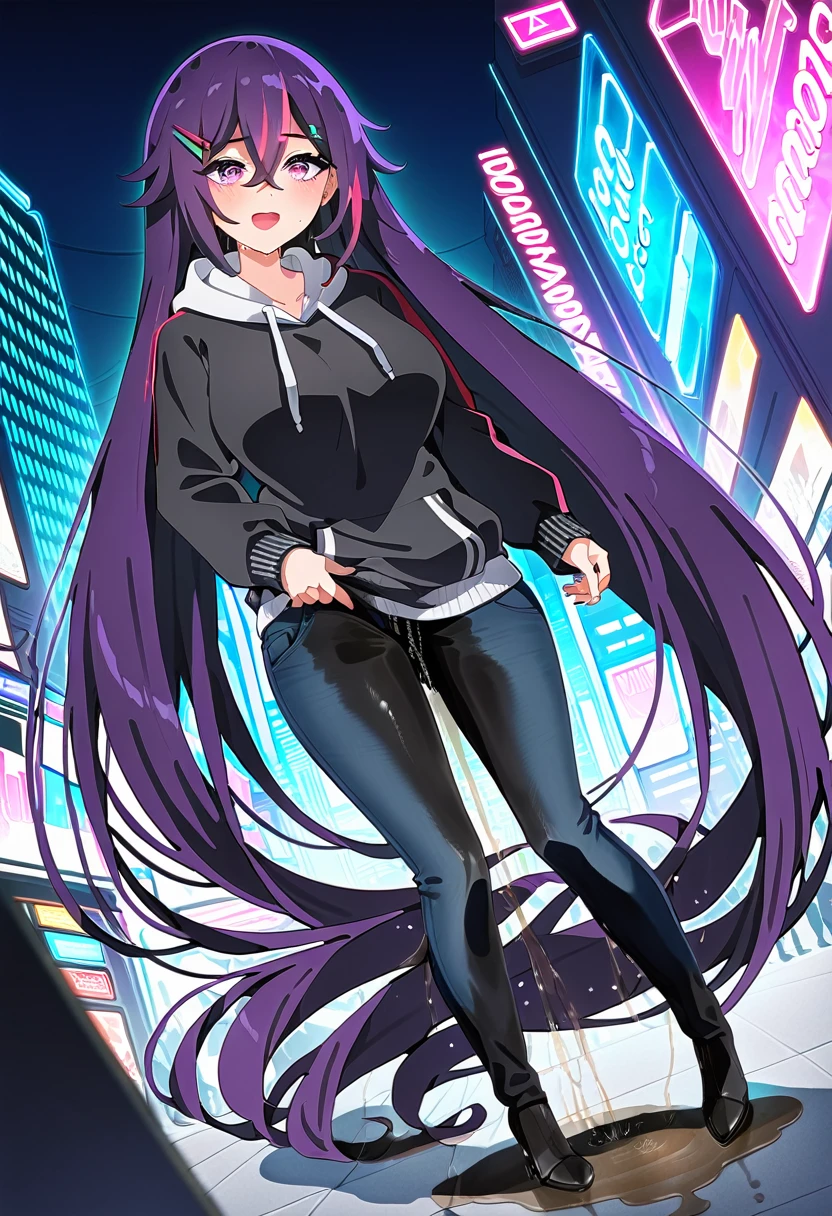 (masterpiece:1.37), best quality, (extremely detailed:1.37), woman, mature, adult, large breasts, (very long hair:1.5), dark purple hair, purple eyes, (extremely detailed eyes:1.37), hoodie, jeans, desperation, (wetting self:2.0), standing, city, futuristic, neon lighting, high-tech, full body