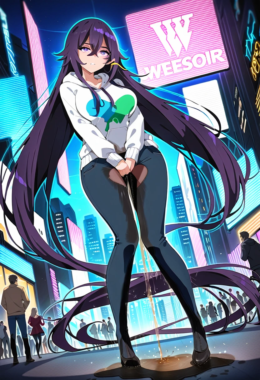 (masterpiece:1.37), best quality, (extremely detailed:1.37), (1girl:1.5), woman, (mature:1.5), (adult:1.5), large breasts, very long hair, (straight hair:1.5), (very dark purple hair:1.5), purple eyes, (extremely detailed eyes:1.37), topless, jeans, desperation, (wetting self:1.5), standing, embarrassed, humiliation, blushing, angry, city, futuristic, neon lighting, high-tech, street, skyscraper, NSFW