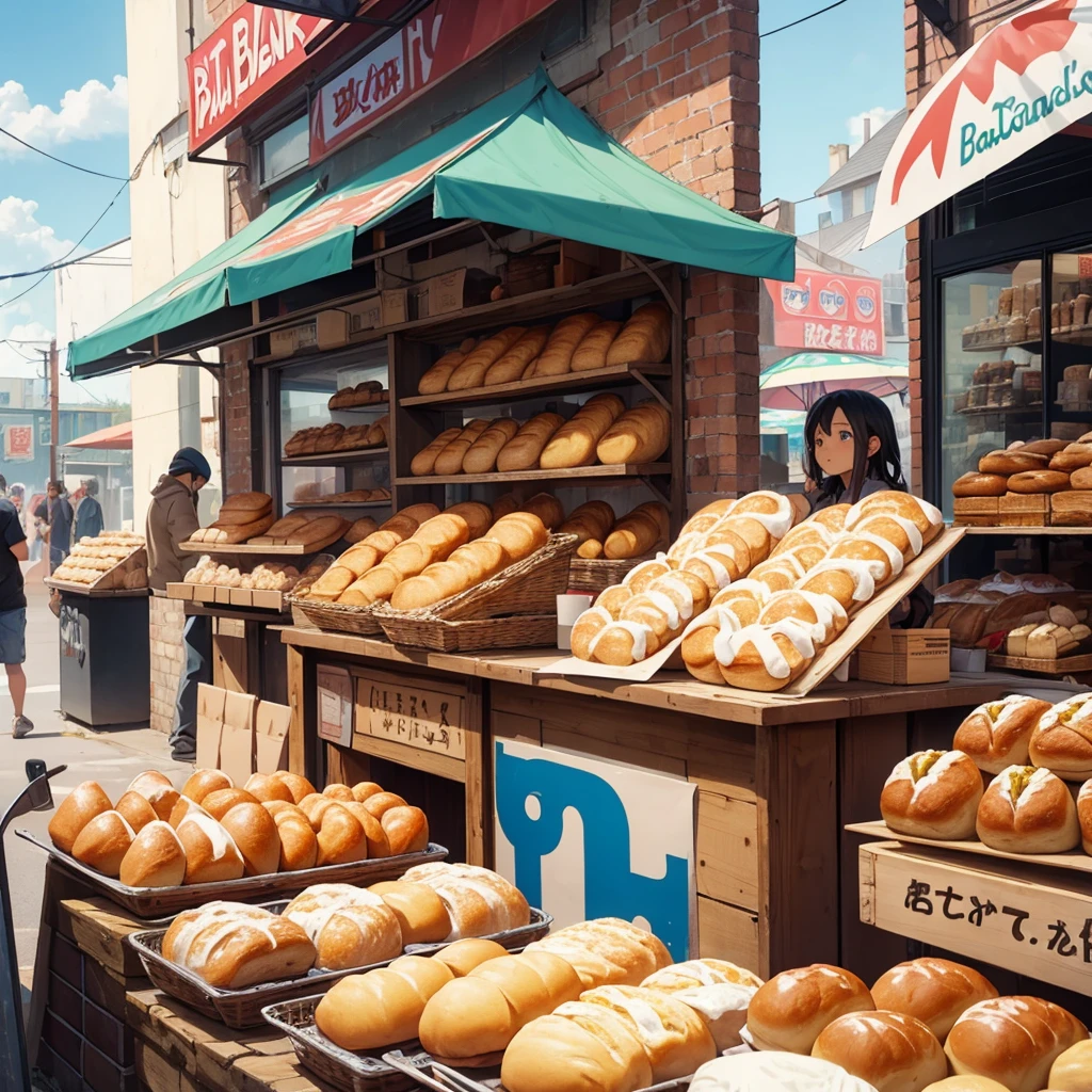 pan, BAKERY, waifu, giant bread, chica comiendo giant bread en BAKERY, homeless, blue sky, artwork, Masterpiece