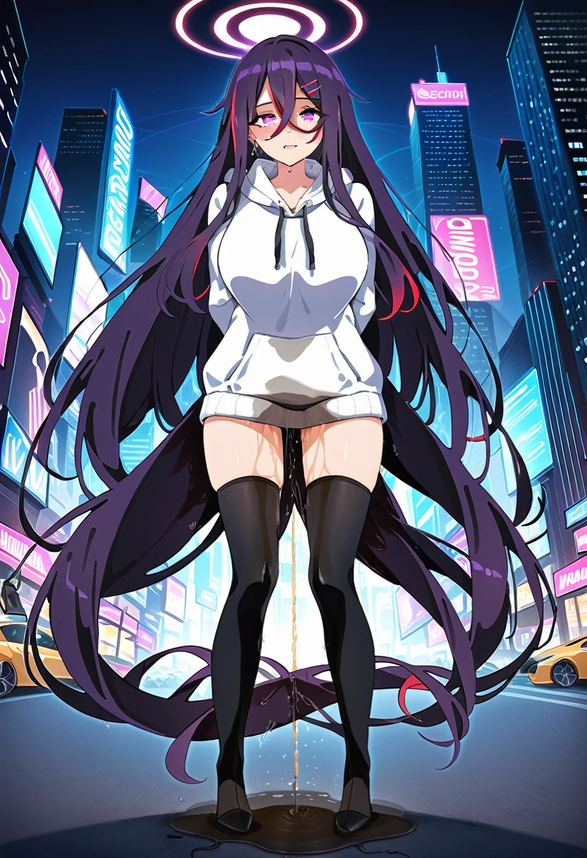 (masterpiece:1.37), best quality, (extremely detailed:1.37), woman, mature, adult, large breasts, (very long hair:1.5), dark purple hair, purple eyes, (extremely detailed eyes:1.37), hoodie, jeans, desperation, (wetting self:2.0), standing, city, futuristic, neon lighting, high-tech, full body