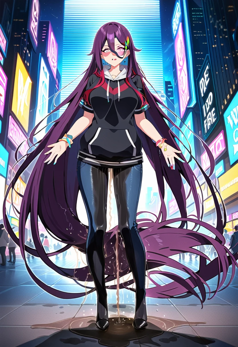 (masterpiece:1.37), best quality, (extremely detailed:1.37), woman, mature, adult, large breasts, (very long hair:1.5), dark purple hair, purple eyes, (extremely detailed eyes:1.37), hoodie, jeans, desperation, (wetting self:2.0), standing, city, futuristic, neon lighting, high-tech, full body