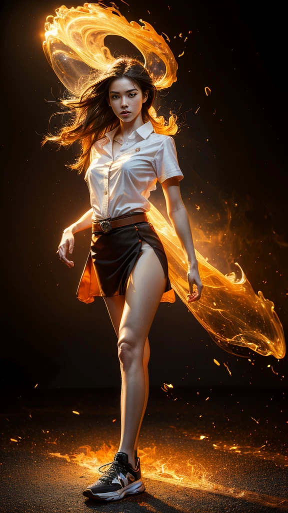 (fire element:1.2), knee shot, It consists of fire element,fire, transparency, burning, Frame print,burning hair,smoke,cloud,chopped, girl engulfed in flames, Flames fly and sparks scatter,mano burning,translucent luminescence, 18s woman in thai university uniform, long straight fire hair, white short-sleeve shirt, black tight mini skirt, brown belt, white sneakers, masterpiece:1.2, high detail, realistic, cinematic scene, fire goddess, slim and perfect figure, perfect body proportions, 16k, close up, portrait photo, dynamic powerful sexy pose, dynamic compositions