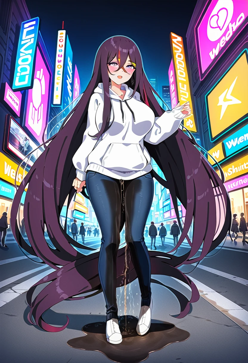 (masterpiece:1.37), best quality, (extremely detailed:1.37), woman, mature, adult, large breasts, (very long hair:1.5), dark purple hair, purple eyes, (extremely detailed eyes:1.37), hoodie, jeans, desperation, (wetting self:2.0), standing, city, futuristic, neon lighting, high-tech, full body
