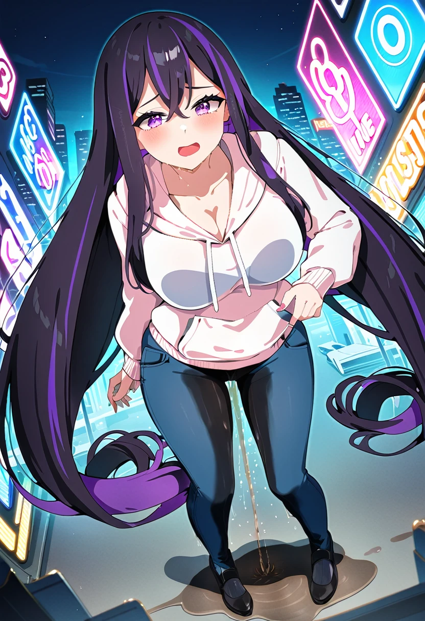 (masterpiece:1.37), best quality, (extremely detailed:1.37), woman, mature, adult, large breasts, (very long hair:1.5), dark purple hair, purple eyes, (extremely detailed eyes:1.37), hoodie, jeans, desperation, (wetting self:2.0), standing, city, futuristic, neon lighting, high-tech, full body