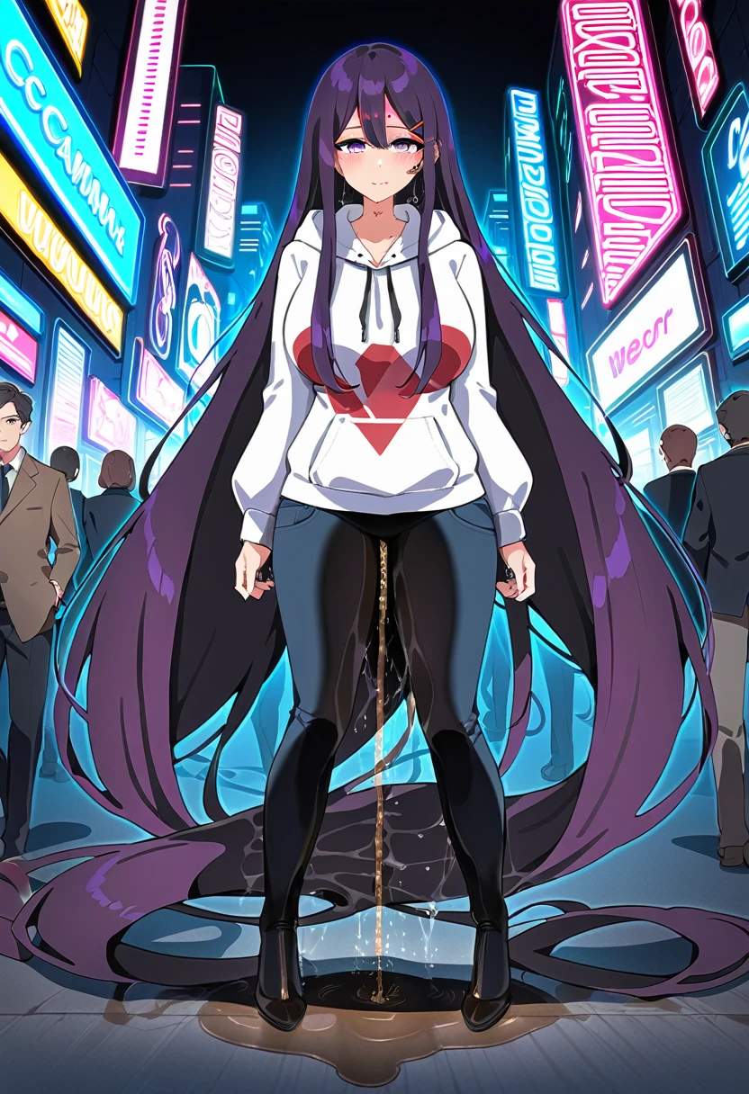 (masterpiece:1.37), best quality, (extremely detailed:1.37), woman, , adult, large breasty long hair:1.5), dark purple hair, purple eyes, (extremely detailed eyes:1.37), hoodie, jeans, desperation, (wetting self:2.0), standing, city, futuristic, neon lighting, high-tech, full body