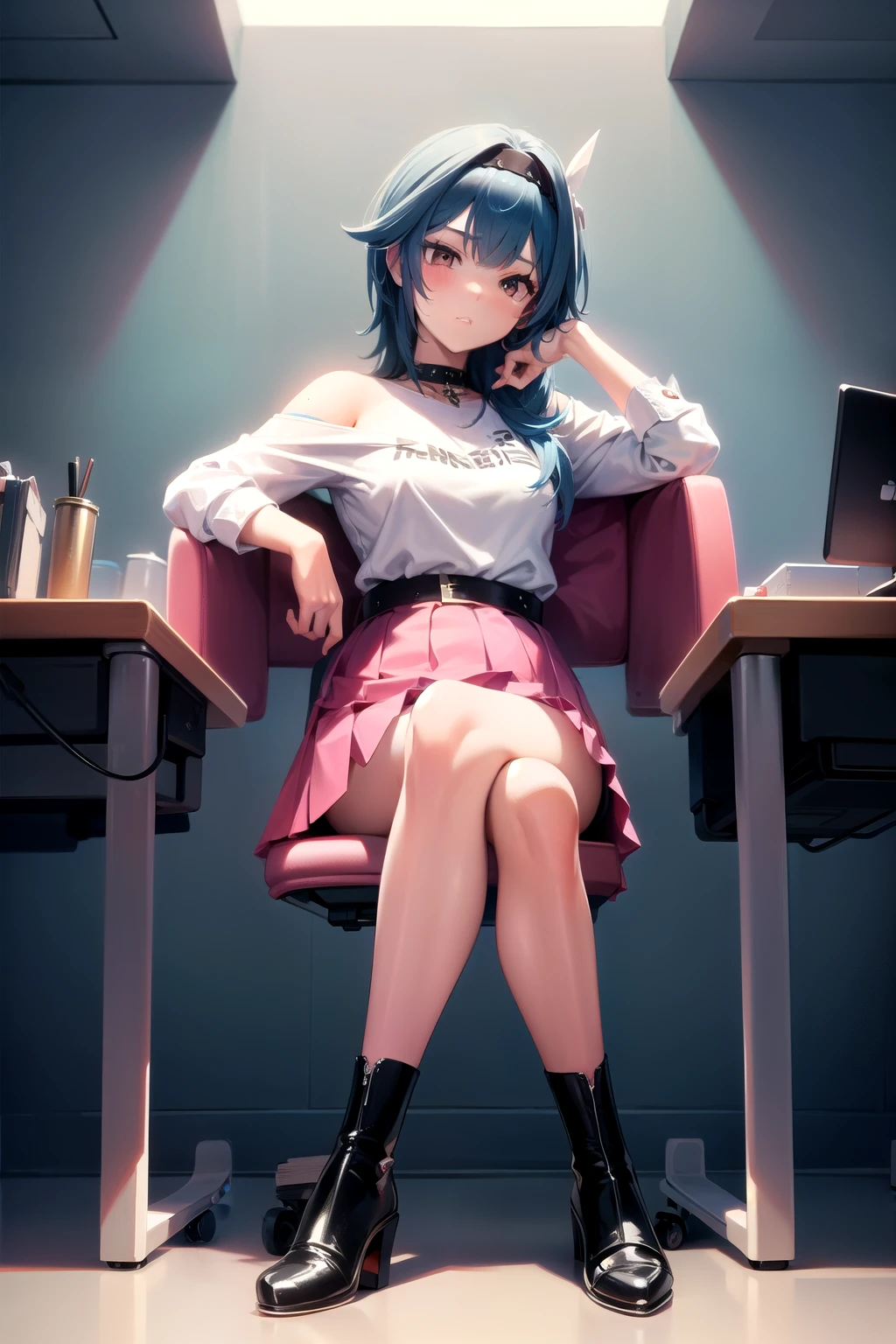 Full body, Skater skirt( pink), High heel boots, high waste skirt, skater skirt, pleated skirt, waste high skirt, belt, free shoulder dress, off shoulder, sitting, ((crossed legs)), sitting cross legged, legs crossed, blue hair, sitting on desk, desk