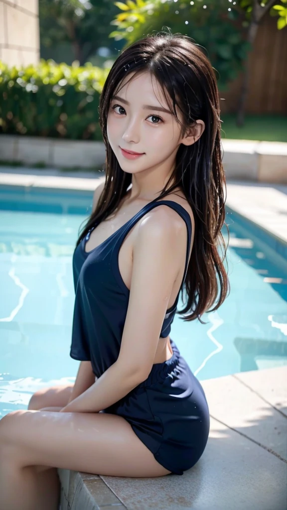 Sitting with legs crossed, 1 girl, 独奏, long hair, looking at viewer, smile, wearing shirt, soaked, soaked hair and shirt, swimsuit, 比基尼, outdoors, black eyes, small breasts, wet hair, blue shirt, swimming pool, 比基尼 bottom only, sit on the edge of the swimming pool, from side, bashful, small breasts, 比基尼, extremely detailed eyes and face, longeyelashes, highly detailed, 16K, ultra-detailed, high resolution, photorealistic, sharp focus, physically-based rendering, vivid colors, studio lighting, from the side,