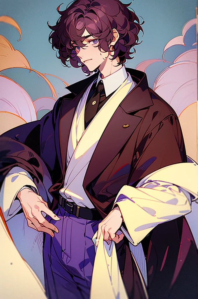 ((masterpiece)), ((one man)), man, late 40s, dark skin, pearl eyes, detailed eyes, velvet hair, short hair, short curly hair, ((curly hair)), curly hair, tall, handsome, mature, purple clothes,