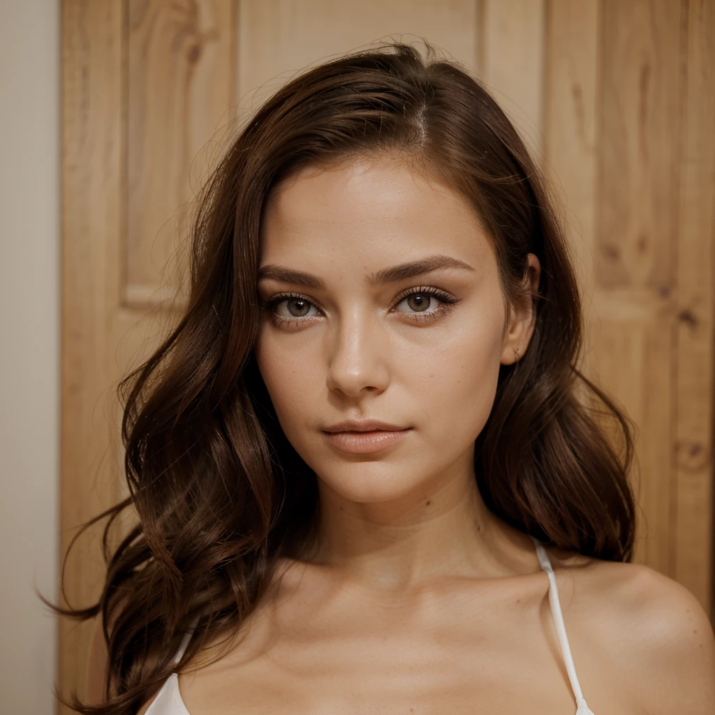 femme de 29 ans, cheveux longs bruns un peu bouclés, yeux marrons, visage parfait, maquillage professionnel comme modèle, C en maillot en Grèce