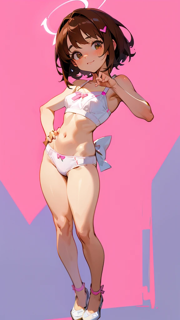 anime girl wearing short brown hair hair and wearing a white bra with a small pink ribbion on it and wearing white panties with a pink bow on it full body and white screen her eyes is blue and her face is happy her pose is standing