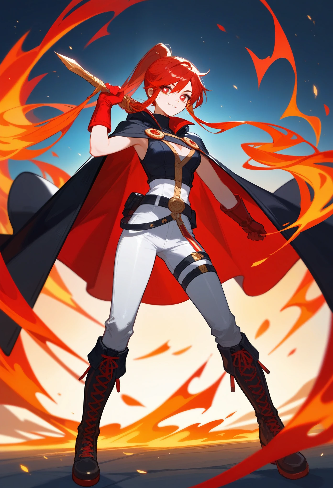 Woman,
Red eyes,
Flame-shaped pupils with a flickering inner light.
Red gradient hair fading to golden tips, tied in a sleek ponytail with two loose locks framing her face.
Chest Adornment : A stack of white feathers.
Top : Fitted, complements athletic build.
Waist : A belt accentuating her figure.
??????????? pants.
Black leg rings.
Long black boots.
Black and red gloves.
Cloak : Red with golden edges.
Personality and Background :
Confident, bold, and fiercely independent.
Leader with a compassionate heart and a deep sense of justice and spirit of a fighter
From a lineage of warriors, trained in combat and strategy.
Possesses fire manipulation abilities.
Motivated to protect her homeland and uphold her family's legacy.