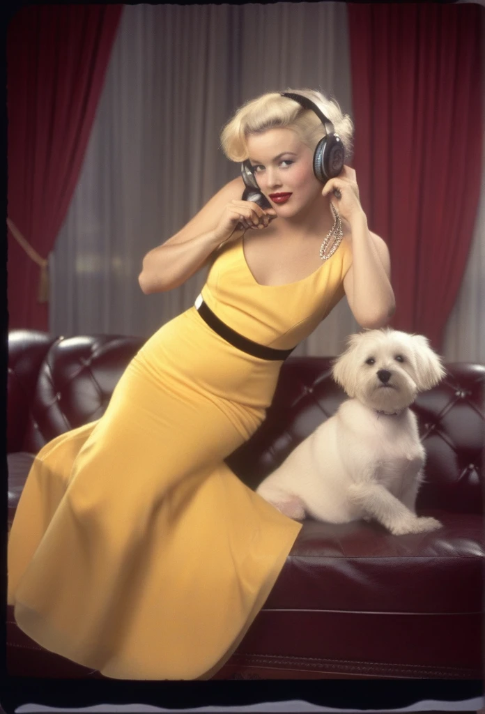 Character imitating Marilyn Monroe. Yellow, half-black hair, female, gray eyes, one lighter than the other, 
red dress, With headphones, sitting on a sofa, film camera, F/14, K