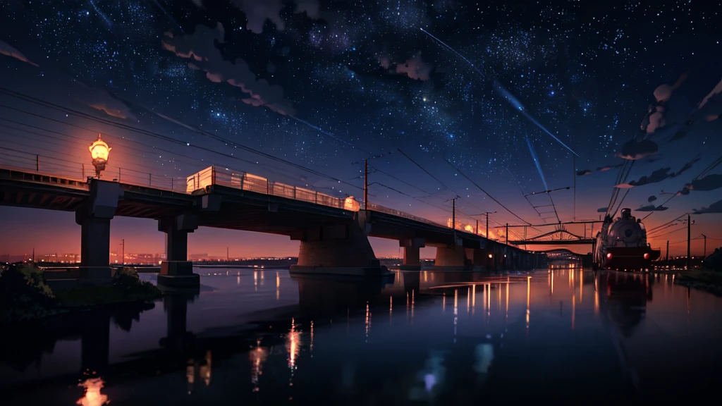 Masterpiece, anime train passing through bodies of water on tracks, bright starry sky. Romantic train, Makoto Shinkai's picture, pixiv, concept art, lofi art style, reflection. by Makoto Shinkai, lofi art, Beautiful anime scene, Anime landscape, detailed scenery —width 672, in style of Makoto shinkai, style of Makoto shinkai, enhanced details., beautiful sky view