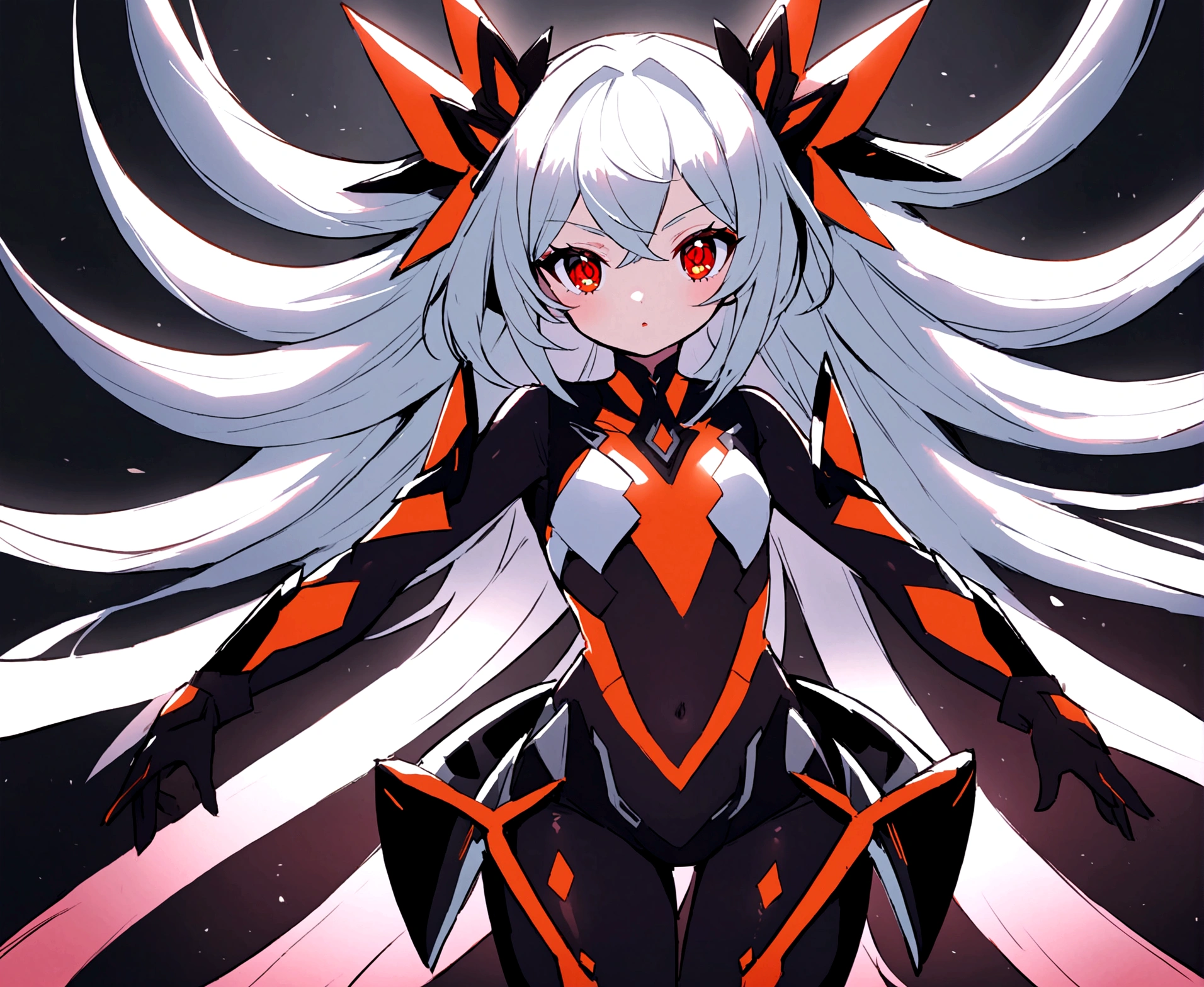 a futuristic magicalgirl, white long hair, red eyes, wearing a tight fitting high detailed clearly futuristic magicalgirl outfit