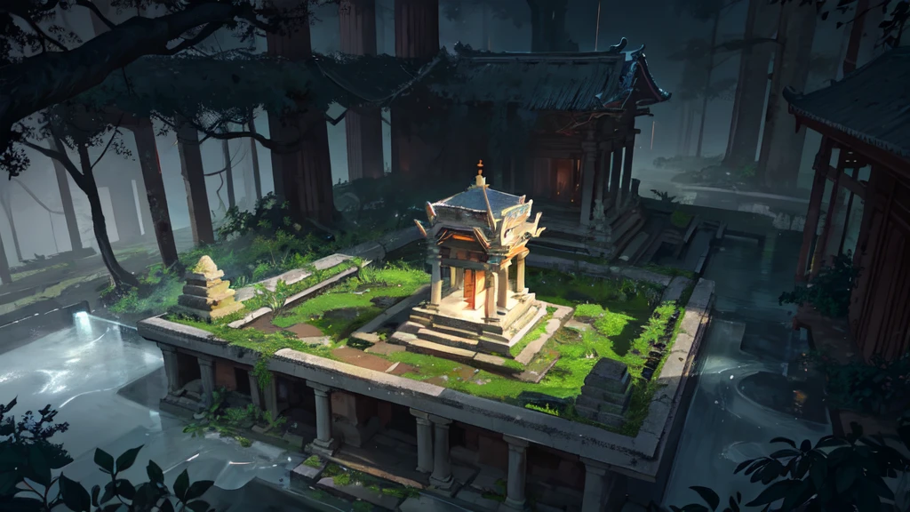 ais-rcn, an overhead shot of a forgotten temple bathed in moonlight, surrounded by overgrown foliage, its once sacred halls now silent and waiting cinematic, beautiful sky view
