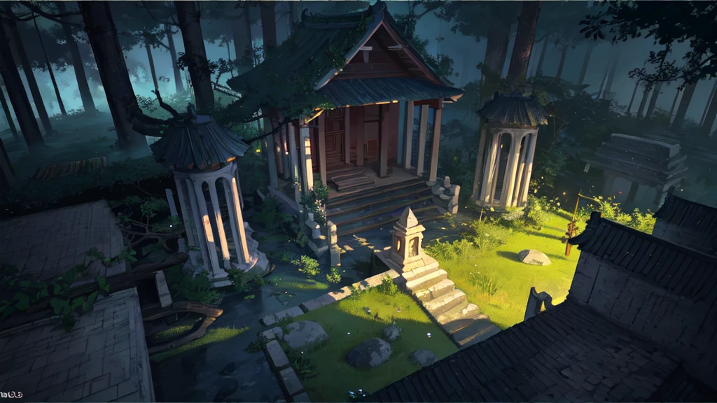 ais-rcn, an overhead shot of a forgotten temple bathed in moonlight, surrounded by overgrown foliage, its once sacred halls now silent and waiting cinematic, beautiful sky view