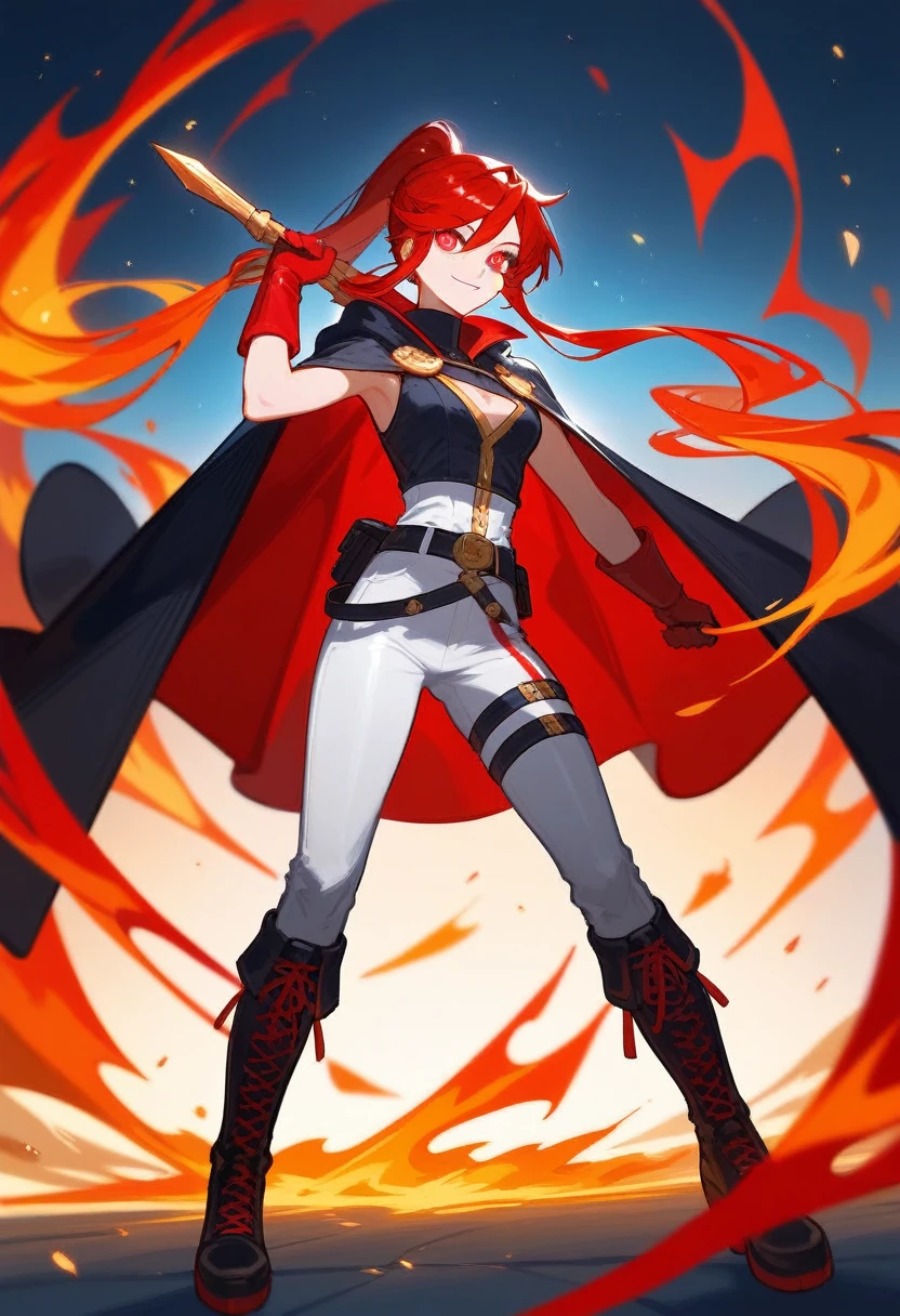 Woman,
Red eyes,
Flame-shaped pupils with a flickering inner light.
Red gradient hair fading to golden tips, tied in a sleek ponytail with two loose locks framing her face.
Chest Adornment : A stack of white feathers.
Top : Fitted, complements athletic build.
Waist : A belt accentuating her figure.
Tight white pants.
Black leg rings.
Long black boots.
Black and red gloves.
Cloak : Red with golden edges.
Personality and Background :
Confident, bold, and fiercely independent.
Leader with a compassionate heart and a deep sense of justice and spirit of a fighter
From a lineage of warriors, trained in combat and strategy.
Possesses fire manipulation abilities.
Motivated to protect her homeland and uphold her family's legacy.