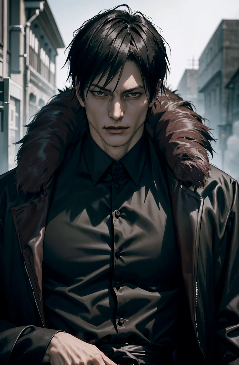 Vampire_gentleman, Alone, portrait,, (majestic, Awesome, exquisite:1.3),toji fushiguro,1 man, toji fushiguro in anime jujutsu kaisen, short hair , black fur, black eyes, elegant, black clothes, realist clothes, clothing detail, city background, ultra detail, realist