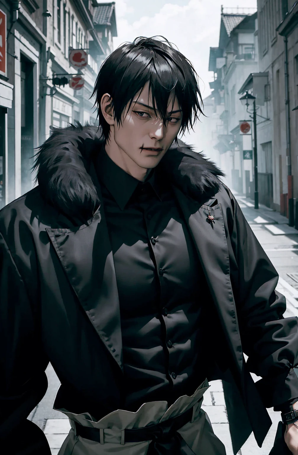 Vampire_gentleman, Alone, portrait,, (majestic, Awesome, exquisite:1.3),toji fushiguro,1 man, toji fushiguro in anime jujutsu kaisen, short hair , black fur, black eyes, elegant, black clothes, realist clothes, clothing detail, city background, ultra detail, realist