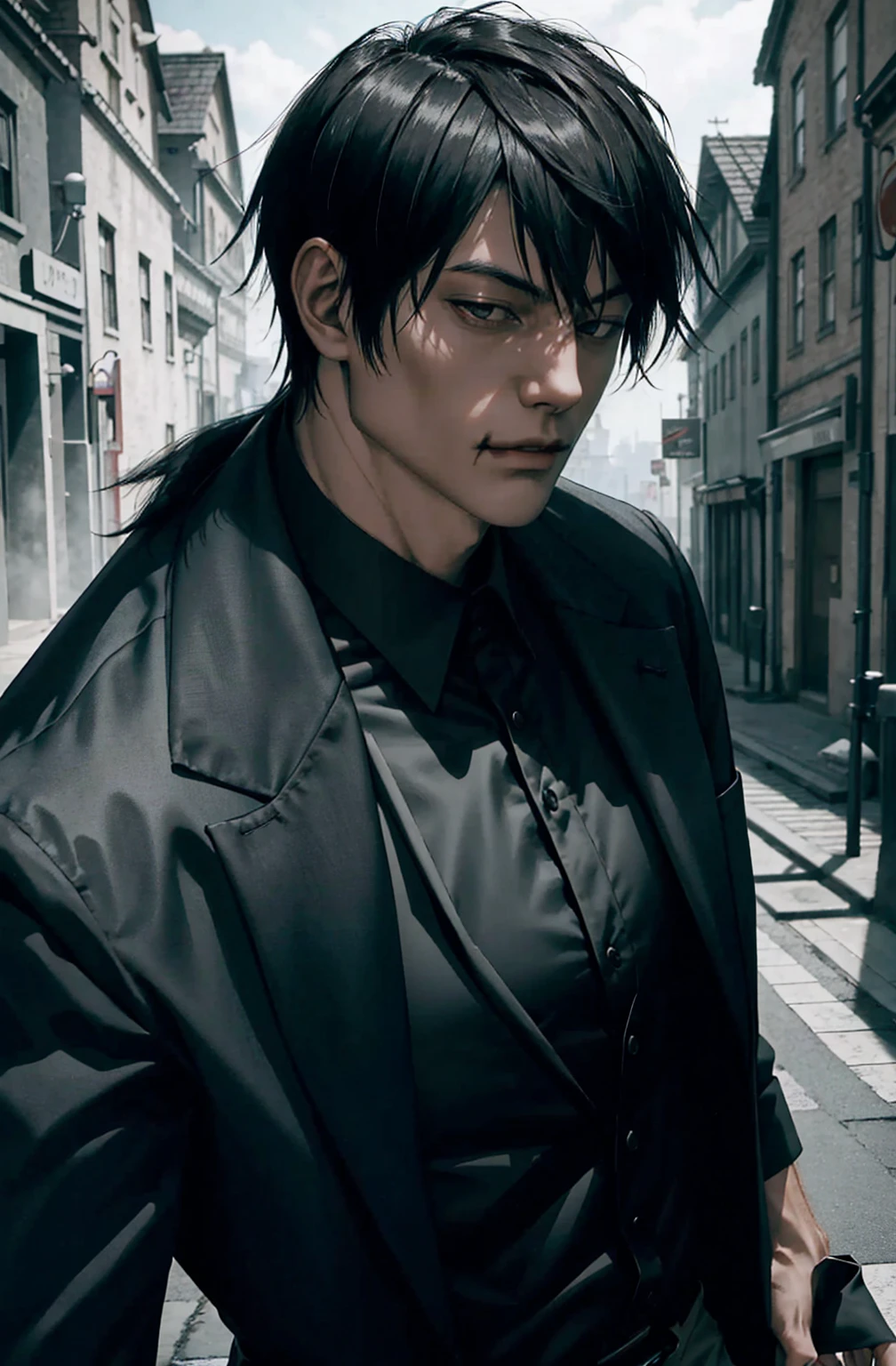 Vampire_gentleman, Alone, portrait,, (majestic, Awesome, exquisite:1.3),toji fushiguro,1 man, toji fushiguro in anime jujutsu kaisen, short hair , black fur, black eyes, elegant, black clothes, realist clothes, clothing detail, city background, ultra detail, realist