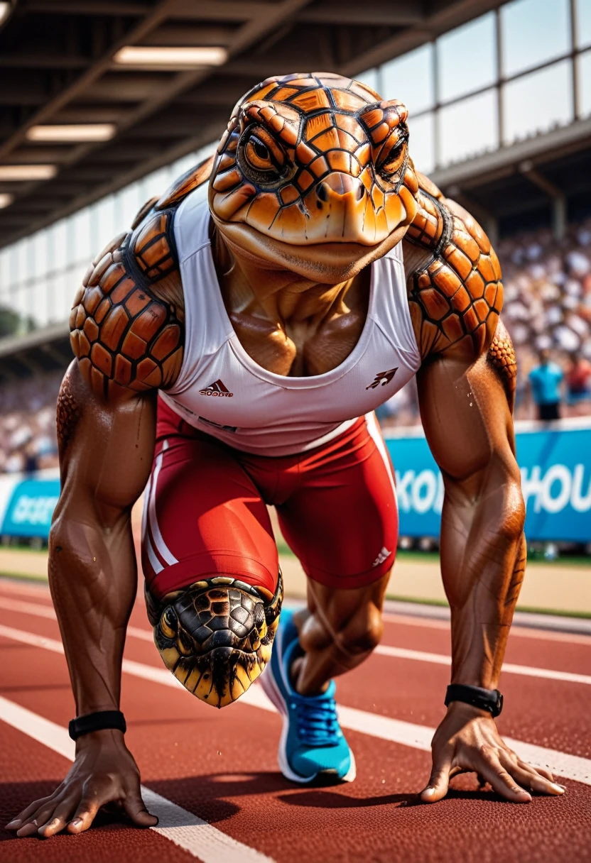 a close up shot on a ((anthmorph turtle: 1.5)) sprinter in a running lane getting ready to sprint in the Olympics, tense look, getting ready to sprint, (best detailed face: 1.3), lean muscled body, sweat beads on forehead, ((wearing athletic shirt, pants and sneakers: 1.2)), (anatomically correct: 1.4), (full body shot: 1.1) , vibrant, Ultra-high resolution, High Contrast, (masterpiece:1.5), highest quality, Best aesthetics), best details, best quality, highres, ultra wide angle, 16k, [ultra detailed], masterpiece, best quality, (extremely detailed), Cinematic Hollywood Film, Anthro... woman