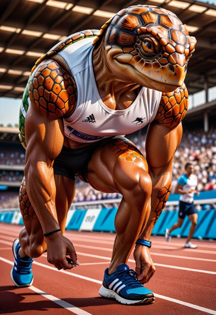 a close up shot on a ((anthmorph turtle: 1.5)) sprinter in a running lane getting ready to sprint in the Olympics, tense look, getting ready to sprint, (best detailed face: 1.3), lean muscled body, sweat beads on forehead, (wearing athletic shirt, pants and sneakers: 1.2), (anatomically correct: 1.4), (full body shot: 1.1) , vibrant, Ultra-high resolution, High Contrast, (masterpiece:1.5), highest quality, Best aesthetics), best details, best quality, highres, ultra wide angle, 16k, [ultra detailed], masterpiece, best quality, (extremely detailed), Cinematic Hollywood Film, Anthro... woman